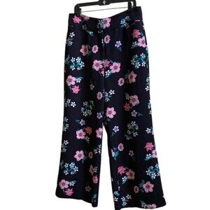 Lane Bryant Womens Floral Wide-Leg Pants Size 14 Black Pink Green Polyester Span